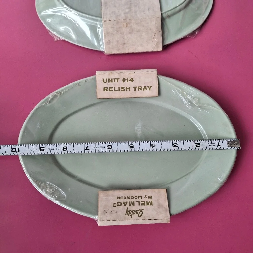 Vintage Melmac Boonton Relish Tray Small Platter Set 2 Sage Green MCM Melamine